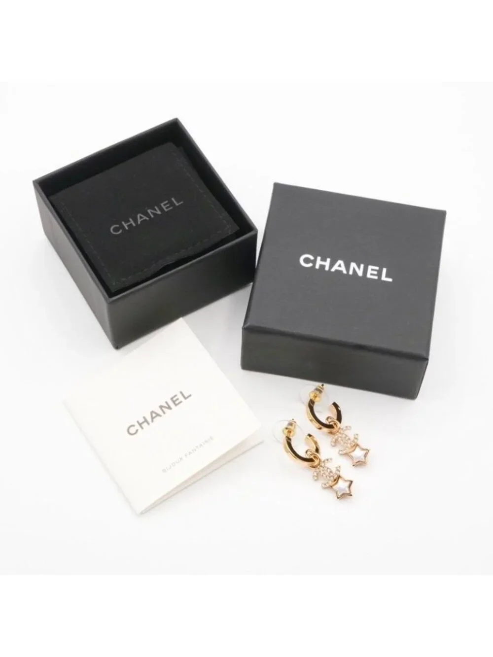 Chanel Earrings Gold Coco Mark Star Hoop Rhinestone